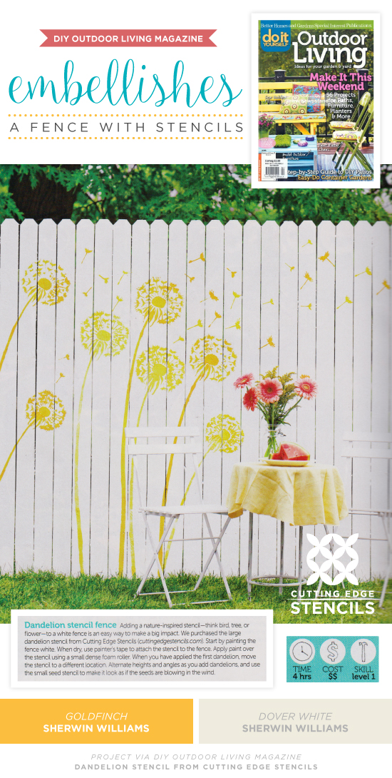 DIY Outdoor Living Magazine features the Dandelion Stencil from Cutting Edge Stencils to dress up a plain fence. http://www.cuttingedgestencils.com/dandelion-stencil.html