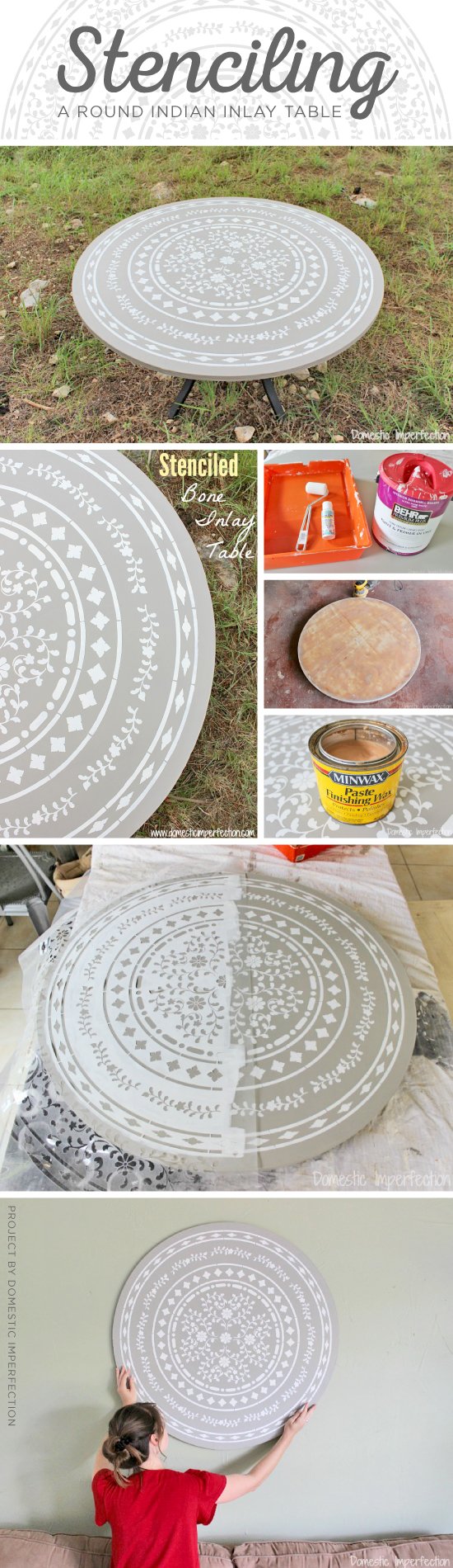 Cutting Edge Stencils shares a DIY round stenciled table using the Indian Inlay Medallion to achieve a faux bone inlay look. http://www.cuttingedgestencils.com/indian-inlay-stencil-medallion-kim-myles-stencils.html