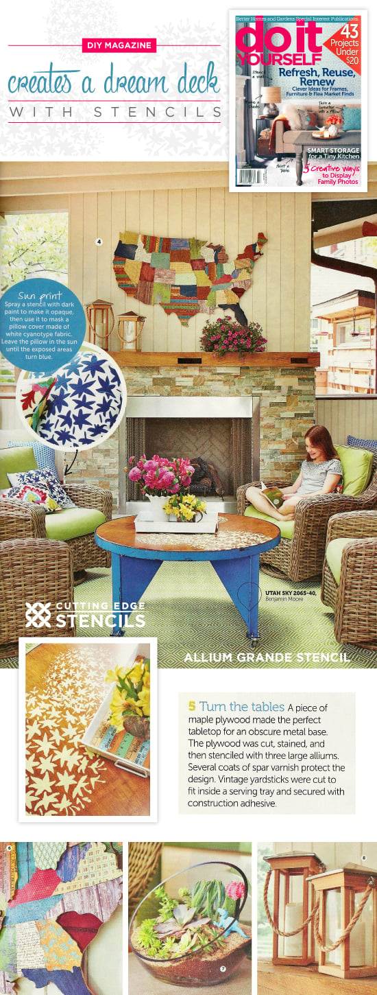 Do It Yourself Magazine features the Allium Grande Flower Stencil from Cutting Edge Stencils to fancy up a covered deck. http://www.cuttingedgestencils.com/flower-Stencils-floral-stencil.html