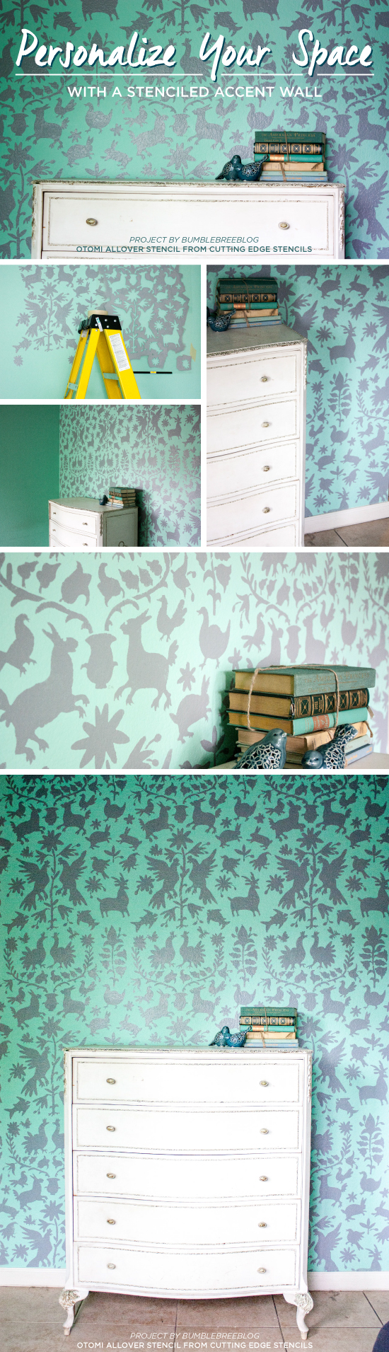 Cutting Edge Stencils shares a DIY stenciled accent wall in mint and gray using the Otomi Allover Stencil. http://www.cuttingedgestencils.com/otomi-tribal-wall-pattern-stencil.html