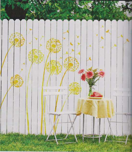 A Dandelion stenciled white fence spotted in DIY Outdoor Living Magazine. http://www.cuttingedgestencils.com/dandelion-stencil.html