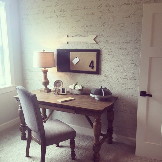 A DIY stenciled accent wall using the French Poem Allover Stencil. http://www.cuttingedgestencils.com/french-poem-typography-letter-stencil.html