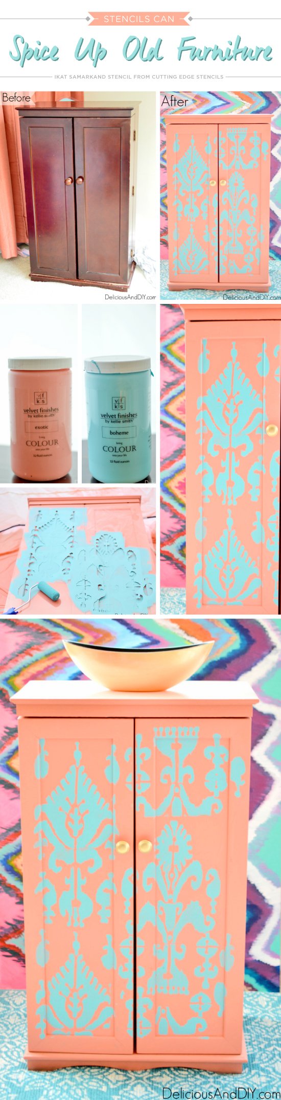 A DIY painted and stenciled cabinet using the Ikat Samarkand Allover Stencil from Cutting Edge Stencils. http://www.cuttingedgestencils.com/ikat-stencil-uzbek.html