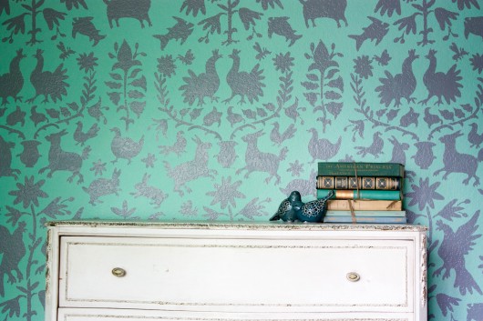 A DIY stenciled accent wall in mint and gray using the Otomi Allover Stencil. http://www.cuttingedgestencils.com/otomi-tribal-wall-pattern-stencil.html