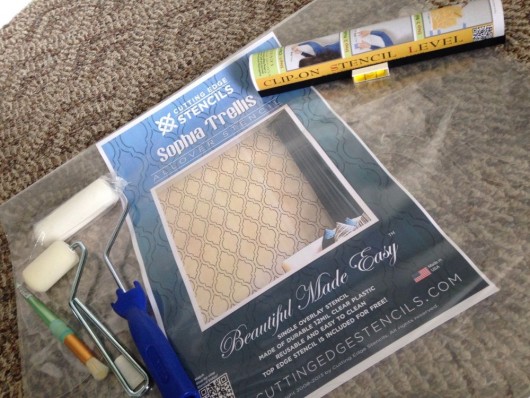 The tools needed to stencil a wall using the Sophia Trellis Allover Stencil from Cutting Edge Stencils. http://www.cuttingedgestencils.com/sophia-trellis-stencil-geometric-wall-pattern.html