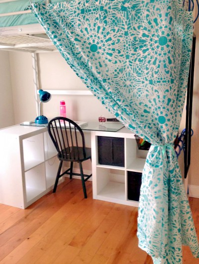 A DIY stenciled curtain for a reading nook in a bedroom using the Stephanie's Lace Allover Stencil. http://www.cuttingedgestencils.com/lace-stencil-wall-decor-stencils.html