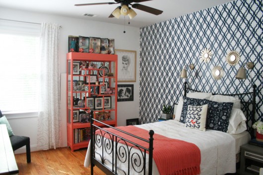 A DIY stenciled accent wall in a bedroom using the Tamara Trellis Allover Stencil. http://www.cuttingedgestencils.com/tamara-trellis-allover-wall-stencils.html