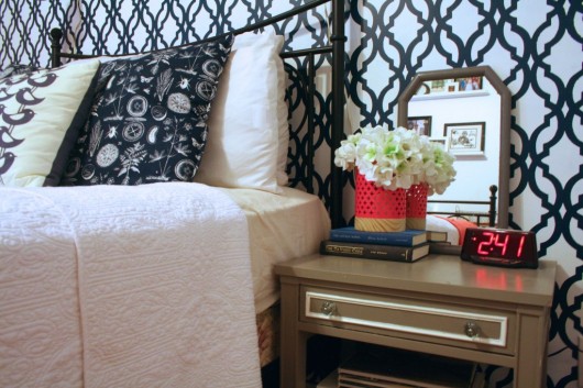 A DIY stenciled accent wall in a bedroom using the Tamara Trellis Allover Stencil. http://www.cuttingedgestencils.com/tamara-trellis-allover-wall-stencils.html