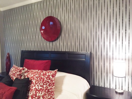 A DIY stenciled accent wall in a bedroom using the Beads Allover Stencil. http://www.cuttingedgestencils.com/beads-wall-stencil-pattern.html