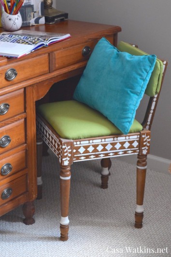 A DIY stenciled thrift store chair using the Indian Inlay stencil kit for a bone inlay look. http://www.cuttingedgestencils.com/indian-inlay-stencil-furniture.html