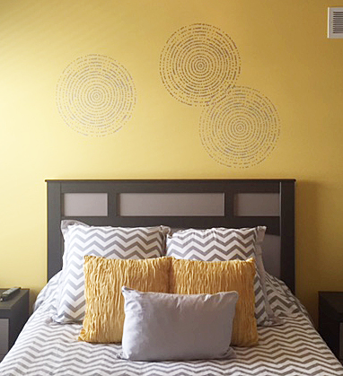 A DIY stenciled bedroom accent wall using the Resonance Wall Art Stencil. http://www.cuttingedgestencils.com/resonance-modern-wall-art-stencil.html