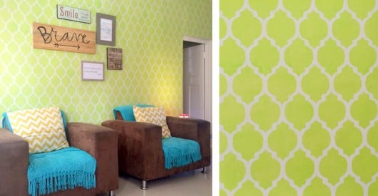A DIY lime green stenciled accent wall using the Casablanca Allover Stencil. http://www.cuttingedgestencils.com/allover-stencils.html