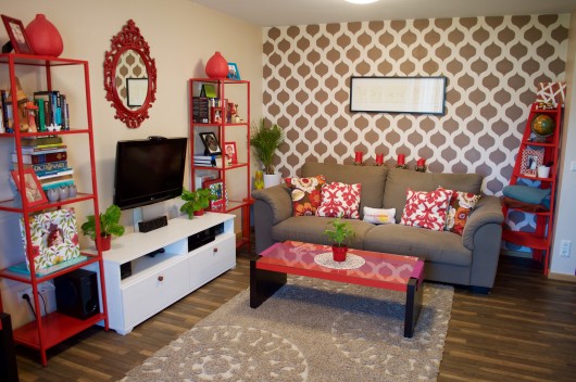 A DIY stenciled accent wall in an apartment using the Cascade Allover Stencil pattern. http://www.cuttingedgestencils.com/cascade-allover-stencil-pattern.html