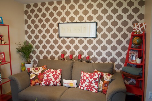 A DIY stenciled accent wall in an apartment using the Cascade Allover Stencil pattern. http://www.cuttingedgestencils.com/cascade-allover-stencil-pattern.html