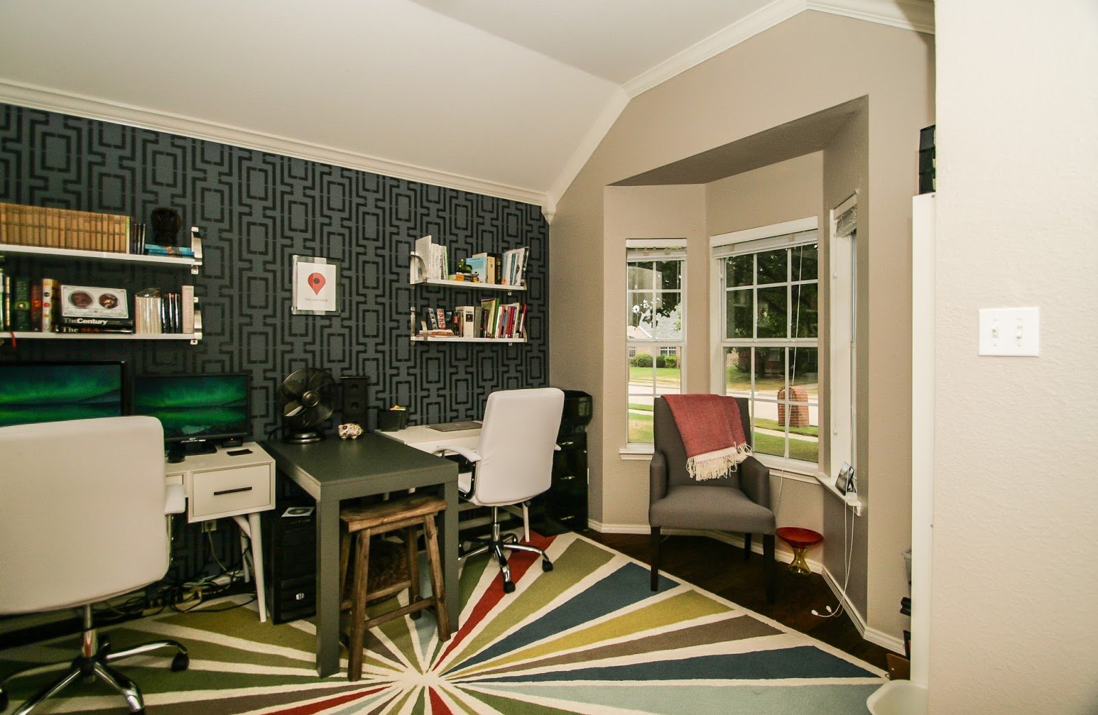A DIY stenciled accent wall in a home office using the Connection Allover Stencil. http://www.cuttingedgestencils.com/wallpaper-stencil-connection.html