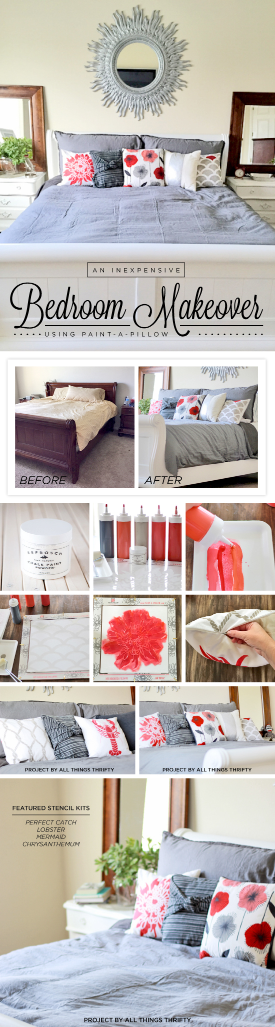 Cutting Edge Stencils shares an inexpensive DIY bedroom makeover using Paint-A-Pillow to make DIY accent pillows. http://paintapillow.com/index.php/
