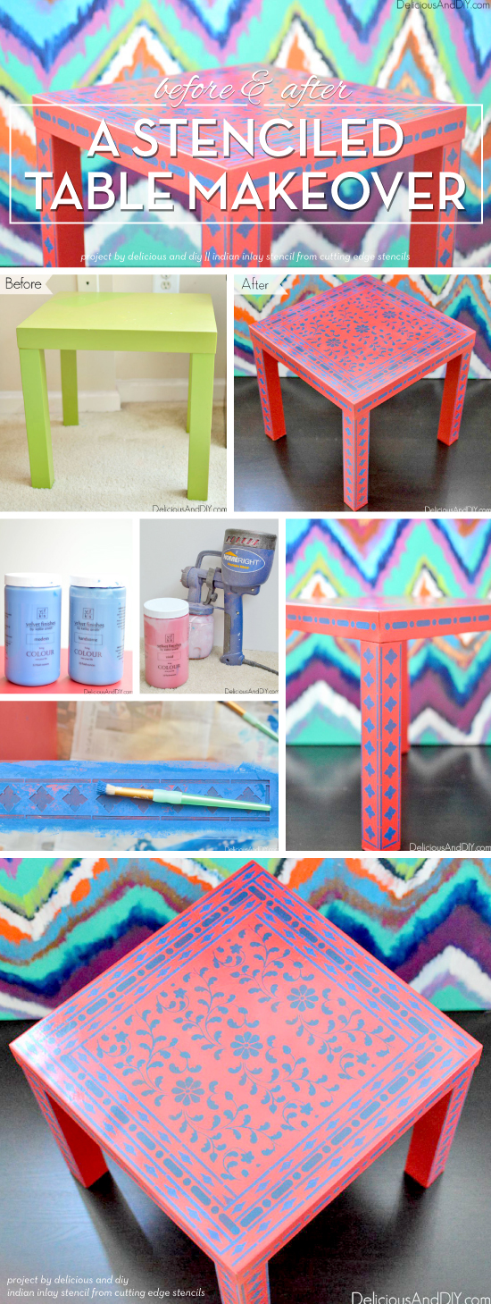 Cutting Edge Stencils shares a DIY stenciled table makeover using the Indian Inlay Stencil kit. http://www.cuttingedgestencils.com/indian-inlay-stencil-furniture.html