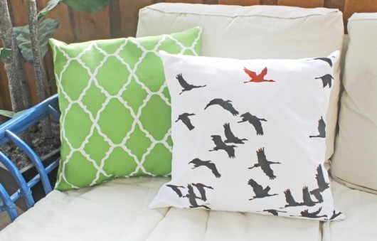 A DIY stenciled accent pillow using the Flock of Cranes Paint-A-Pillow kit. http://www.cuttingedgestencils.com/flock-of-cranes-stencil-paint-a-pillow-kit.html