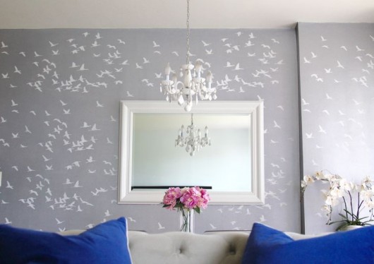 A DIY stenciled accent wall in gray and white using the Flock of Cranes Stencil. http://www.cuttingedgestencils.com/bird-flock-wall-stencil-pattern.html