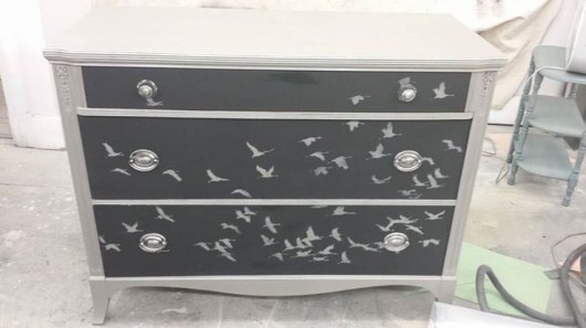 A DIY stenciled dresser using the Flock of Cranes Stencil. http://www.cuttingedgestencils.com/bird-flock-wall-stencil-pattern.html