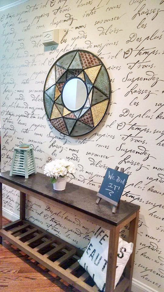A DIY stenciled accent wall using the French Poem Allover Stencil. http://www.cuttingedgestencils.com/french-poem-typography-letter-stencil.html