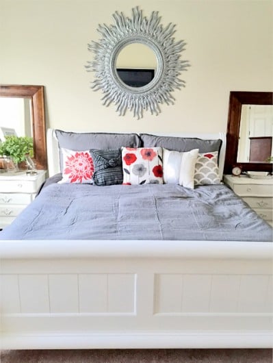 A bedroom makeover using DIY accent pillows from Paint-A-Pillow. http://paintapillow.com/index.php/