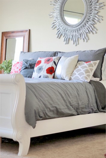 A bedroom makeover using DIY accent pillows from Paint-A-Pillow. http://paintapillow.com/index.php/