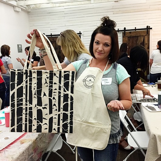A DIY stenciled tote bag using the Birch Forest Paint-A-Pillow kit at a craft party. http://paintapillow.com/index.php/birch-forest-paint-a-pillow-kit.html