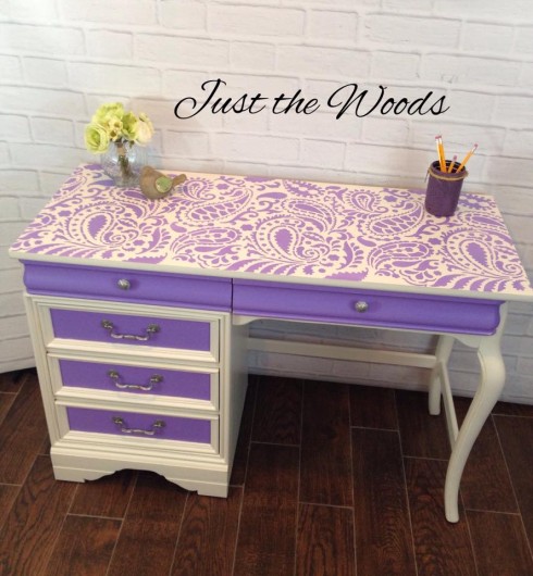 A DIY stenciled desk in lavender and white using the Paisley Allover Stencil. http://www.cuttingedgestencils.com/paisley-allover-stencil.html
