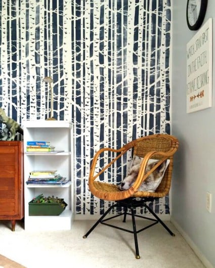 A DIY stenciled boys bedroom accent wall using the Birch Forest Allover Stencil in navy. http://www.cuttingedgestencils.com/allover-stencil-birch-forest.html