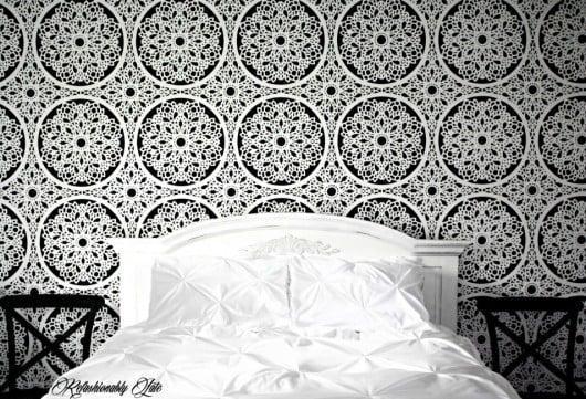 A DIY stenciled guest bedroom accent wall using the Charlotte Allover Stencil. http://www.cuttingedgestencils.com/charlotte-allover-stencil-pattern.html