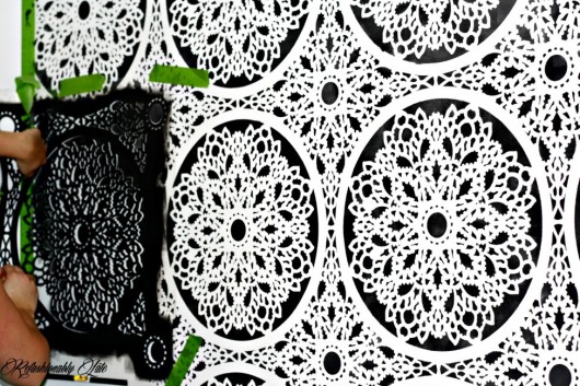 Stenciling a DIY accent wall in black and white using the Charlotte Allover Stencil. http://www.cuttingedgestencils.com/charlotte-allover-stencil-pattern.html