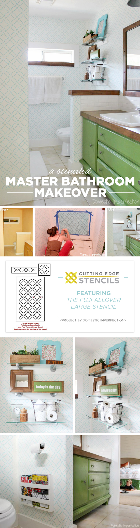 Cutting Edge Stencils shares a DIY stenciled master bathroom using the Fuji Allover Stencil. http://www.cuttingedgestencils.com/stencil-wall-stencils-fuji.html