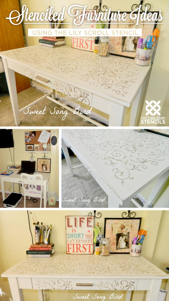A DIY stenciled desk using the Lily Scroll furniture stencil. http://www.cuttingedgestencils.com/scroll-craft-stencil.html