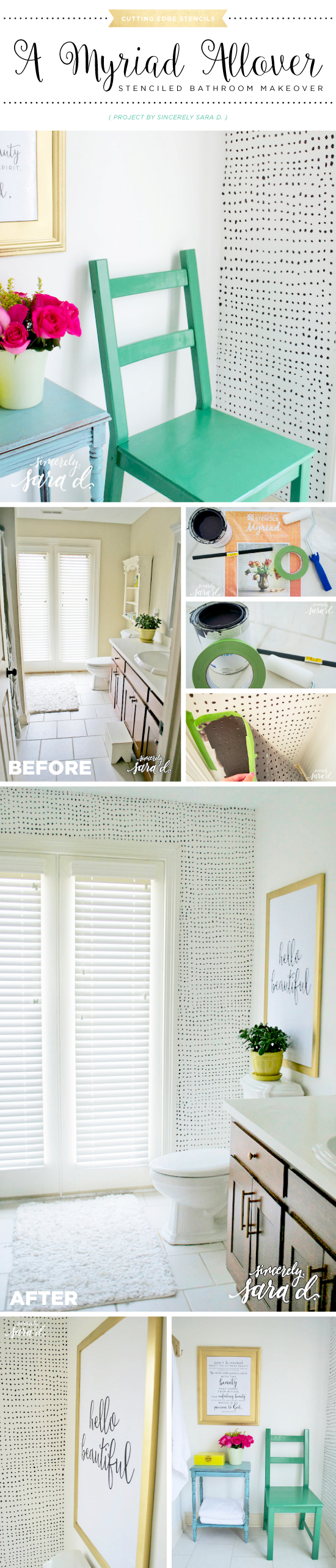 Cutting Edge Stencils shares a DIY stenciled bathroom accent wall using the Myriad Allover stencil pattern in black and white. http://www.cuttingedgestencils.com/myriad-modern-wall-pattern-stencil.html