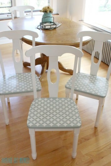 DIY stenciled kitchen chairs using the Nagoya Craft Stencil. http://www.cuttingedgestencils.com/nagoya-furniture-stencil.html