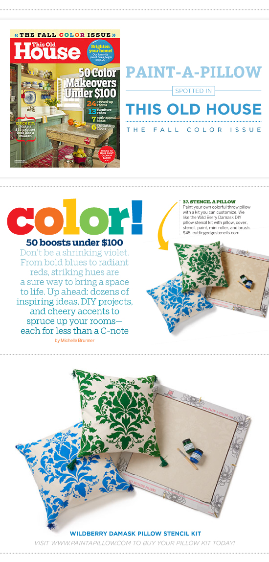 This Old House Magazine shares how to add color to a space using stencils found in a Paint-A-Pillow kit. http://paintapillow.com/index.php/wild-berry-damask-paint-a-pillow-kit.html