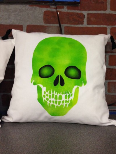 A DIY Halloween accent pillow using the Skull Paint-A-Pillow kit.  http://www.cuttingedgestencils.com/skull-throw-pillows-halloween-diy-home-decor.html