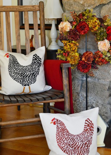 DIY fall inspired accent pillows using the Dominque Chicken Paint-A-Pillow stencil kit. http://www.cuttingedgestencils.com/dominique-chicken-stenciled-paint-a-pillow-kit.html