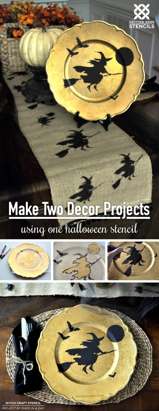 How to stencil DIY Halloween table decor using the Witch Craft Stencil. http://www.cuttingedgestencils.com/halloween-design-witch-stencil-diy-craft-design.html