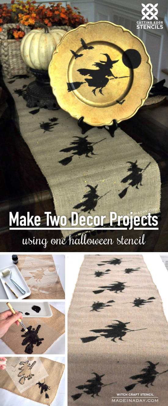 How to stencil a DIY Halloween table runner using the Witch Craft Stencil. http://www.cuttingedgestencils.com/halloween-design-witch-stencil-diy-craft-design.html