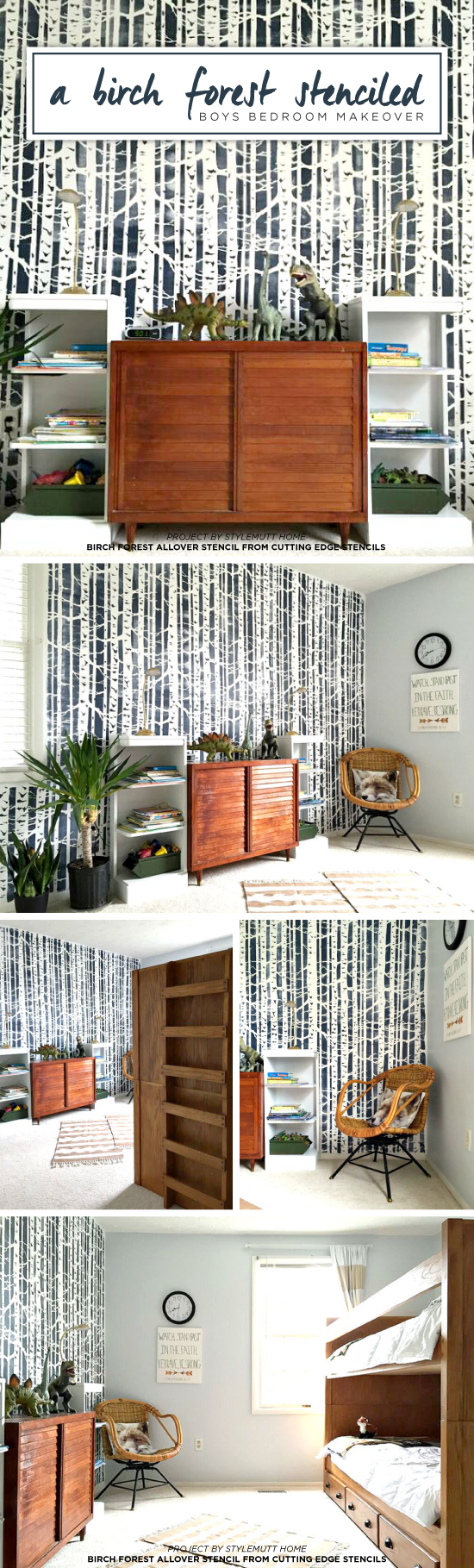 Cutting Edge Stencils shares a DIY stenciled boys bedroom accent wall using the Birch Forest Allover Stencil in navy and white. http://www.cuttingedgestencils.com/allover-stencil-birch-forest.html
