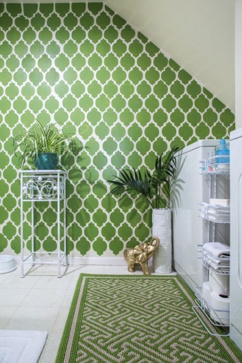A DIY stenciled bathroom/laundry room that uses the Casablanca Allover Stencil to achieve a wallpaper look. http://www.cuttingedgestencils.com/allover-stencils.html