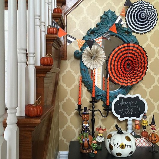 A DIY stenciled foyer decorated for Halloween and stenciled with the Casablanca Allover pattern. http://www.cuttingedgestencils.com/allover-stencils.html