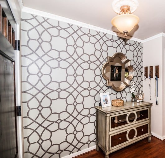 A DIY stenciled accent wall in an entryway using the Coco Trellis Allover Stencil. http://www.cuttingedgestencils.com/coco-trellis-allover-pattern-stencil.html