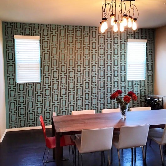 A DIY stenciled accent wall in a dining room using the Connection Allover Stencil. http://www.cuttingedgestencils.com/wallpaper-stencil-connection.html
