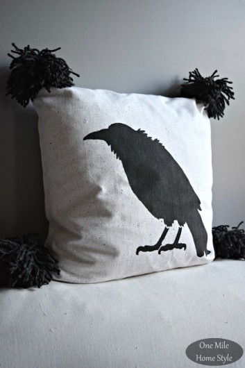DIY Crow stenciled accent pillow using the Crow Stencil pillow kit. http://www.cuttingedgestencils.com/crow-stencil-design-halloween-home-decor-diy-pillow-kit.html