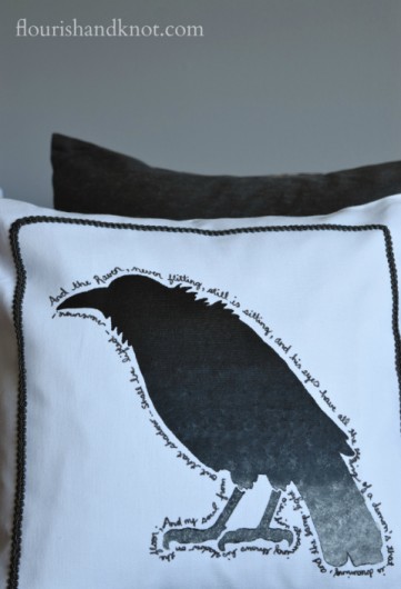 A DIY stenciled Halloween accent pillow using the Crow Pillow Stencil kit. http://www.cuttingedgestencils.com/crow-stencil-design-halloween-home-decor-diy-pillow-kit.html