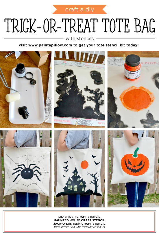 Cutting Edge Stencils shares how to craft a DIY trick-or-treat tote bag using our Halloween Stencils. http://www.cuttingedgestencils.com/haunted-house-tote-stencil-halloween-accent-pillow-stencils.html
