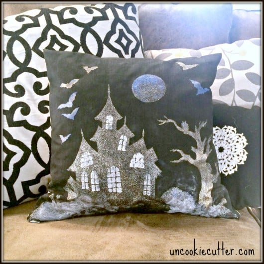 A DIY stenciled halloween accent pillow using the Haunted House Stencil pillow kit. http://www.cuttingedgestencils.com/haunted-house-halloween-accent-pillow-stencil-kit.html
